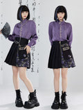 Cheongsam Pleated Patchwork Print Skirt Design - Style Golden Black Detachable Pocket