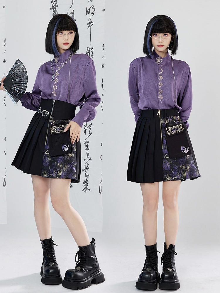 Cheongsam Pleated Patchwork Print Skirt Design - Style Golden Black Detachable Pocket