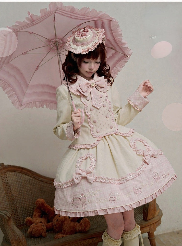 Sweet Pink Beige Adjustable Strap Skirt with Heart Bow Details - U.Rtto