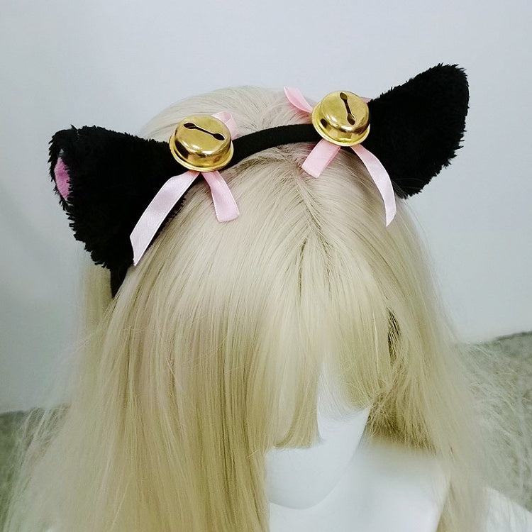 KC Bell Ear Black/White Plush Lolita Kitty Bow