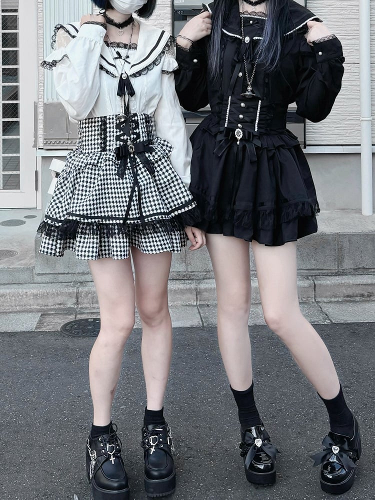 セルフタイデザインスカート クリスクロス ジライケイ ブラック/千鳥格子 ハイストラップウエストバック