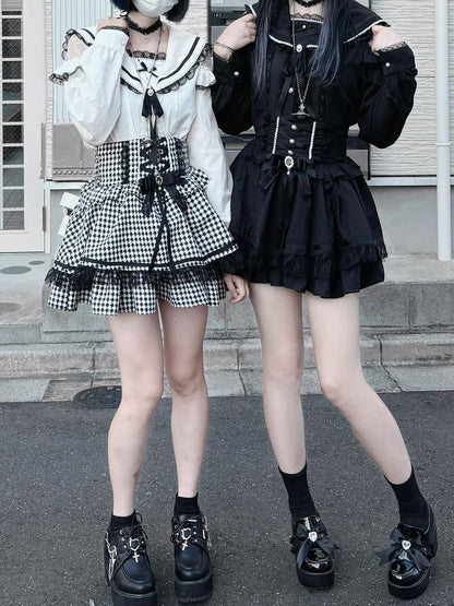 セルフタイデザインスカート クリスクロス ジライケイ ブラック/千鳥格子 ハイストラップウエストバック