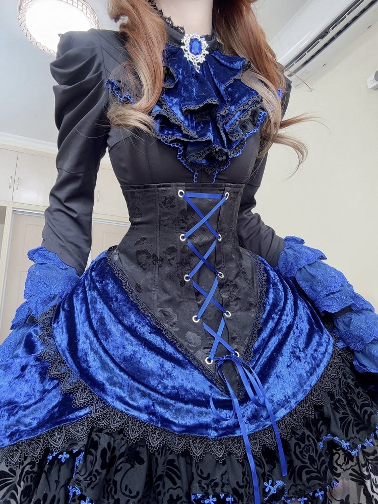 Lolita Skirt Waist Sleeves and Boned Blue Tie Jabot Gothic Long + Black Full - Shirt Hat Mini Klein Set Bell High