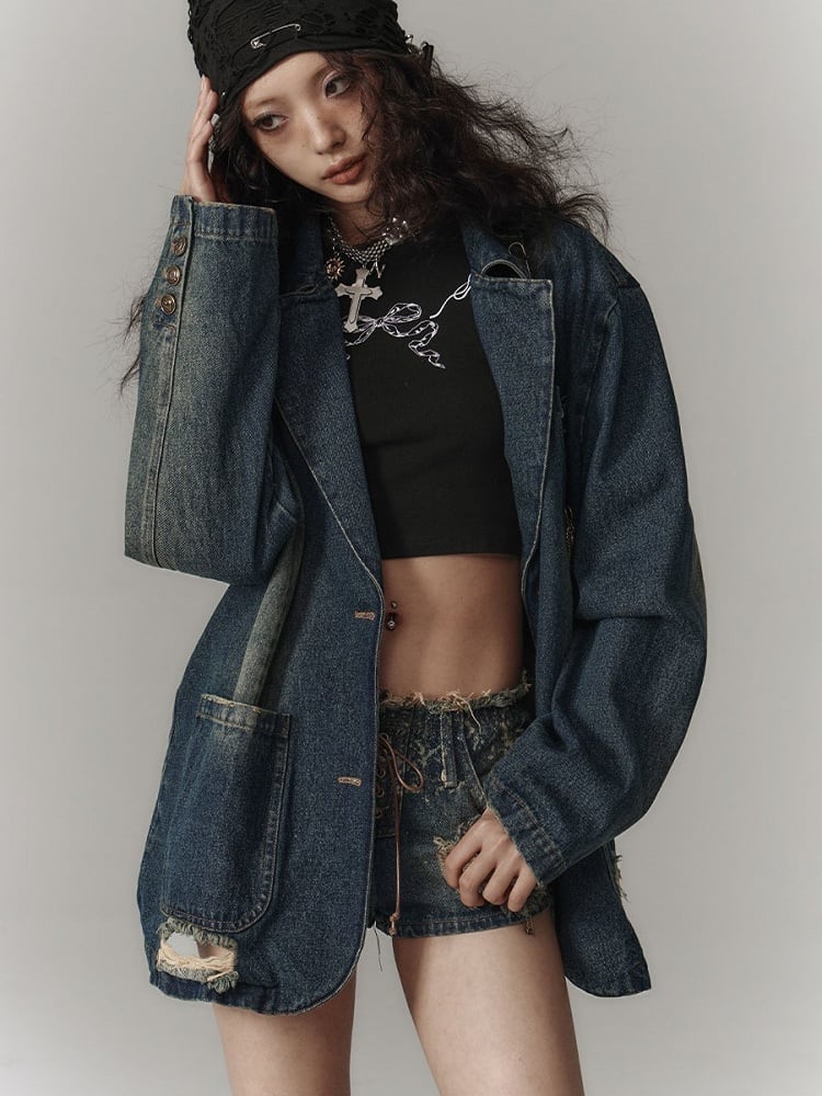 Blue Distressed Longline Vintage Fit Blazer Pockets with Denim 3D Hole Punk
