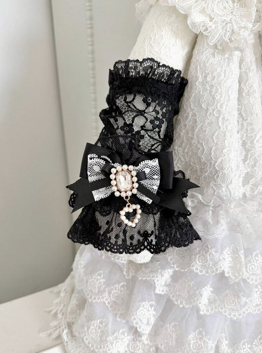 Black & White Lace Arm Warmers with Rhinestone Bows - Shi Zhai Xin
