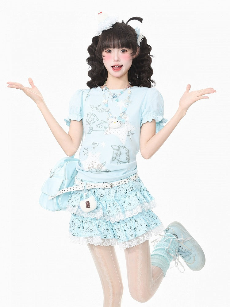 Blue Puff Sleeve Crew Neck Top with Rocking Horse Print - Languid Park