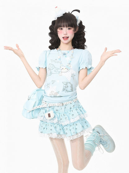 Blue Puff Sleeve Crew Neck Top with Rocking Horse Print - Languid Park