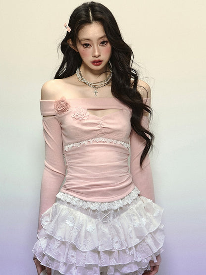 Pink Floral Design Off-the-shoulder Neckline Knit Top with Cutout Detail