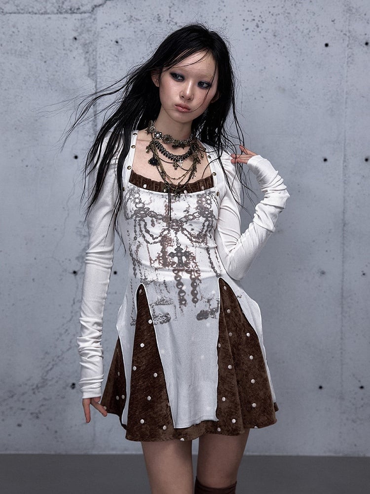 Cross with Brown Punk Vintage Subtle Dress Print Chain Sleeves Beige Puff
