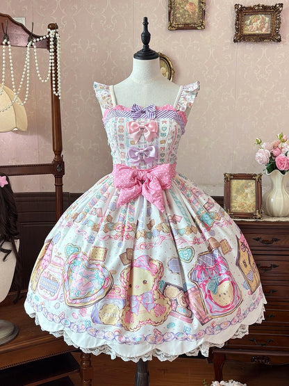 Adorable White Bear-Print Lace JSK with Ribbon Embellishments - Sweet Dream Shop