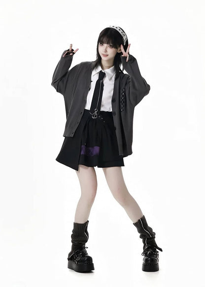 グレーのVネック、ジッパーディテール、春ニットカーディガン