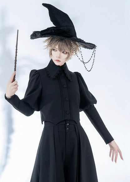 Lolita Black Gothic Cropped with Curved Wizard-Inspired Top Ouji Hemline