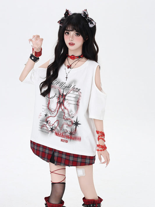 Red Neck Plaid Hem White Cutout Shoulder Graphic T-Shirt Round