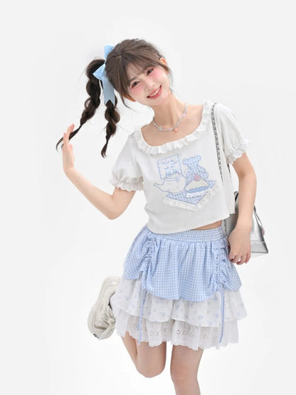 Bear Pattern Square Neck Puff Sleeves White T-Shirt Lace Trim Ruffled Plaid
