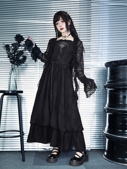 Black Square Neck Sleeveless Dress Sea Lily Embroidery
