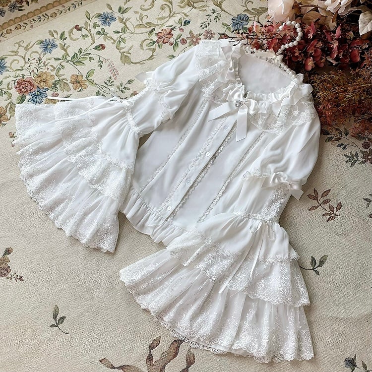 Ruffle Bell White Adorned Neckline Sleeves Bowknots Blouse