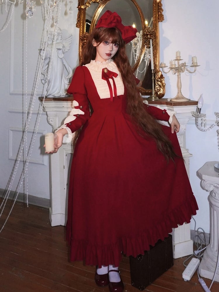 Ruffled Sleeves Dress Juliette and Version Beige Waist Boned Long Elegant Lolita Neck Red with