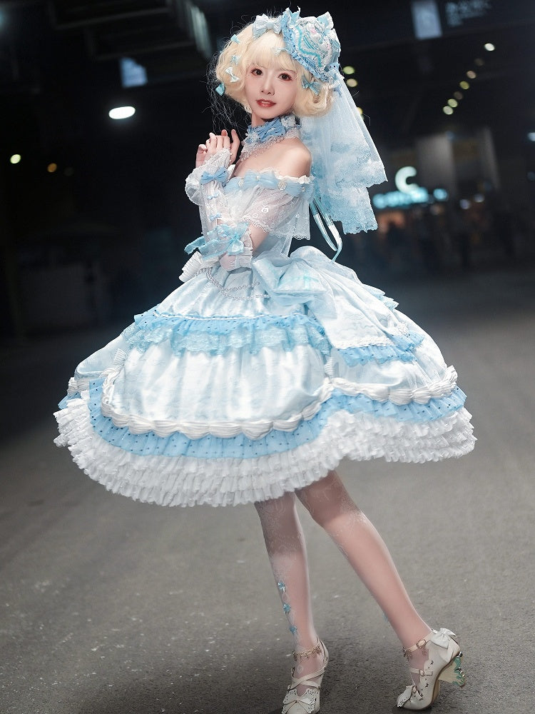 Hime Mini Veil KC Blue Hat Full Off + Cuffs Choker Dress Shoulder Wrist Set Lolita