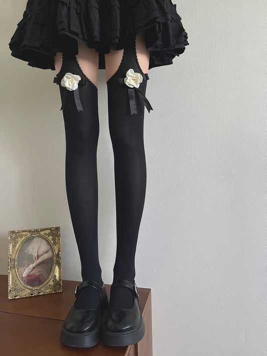 Black/White Tights Suspender Camellia Bowknot