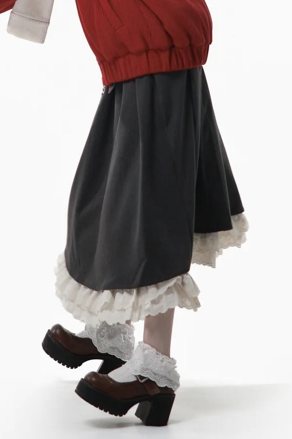with Ruffle Tiered Waist Gray Hem Skirt Kawaii Elastic Daily