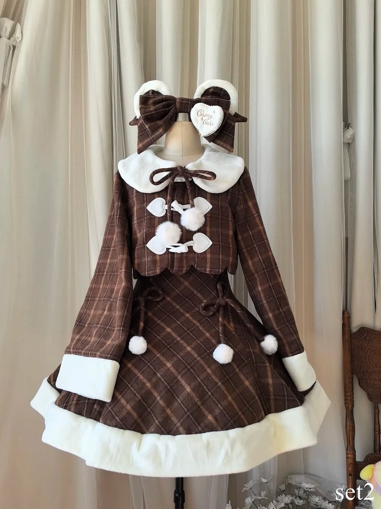 for Coat Lolita Dress Sweet and Paired Autumn with Winter Cherry Brown Embroidered Plaid