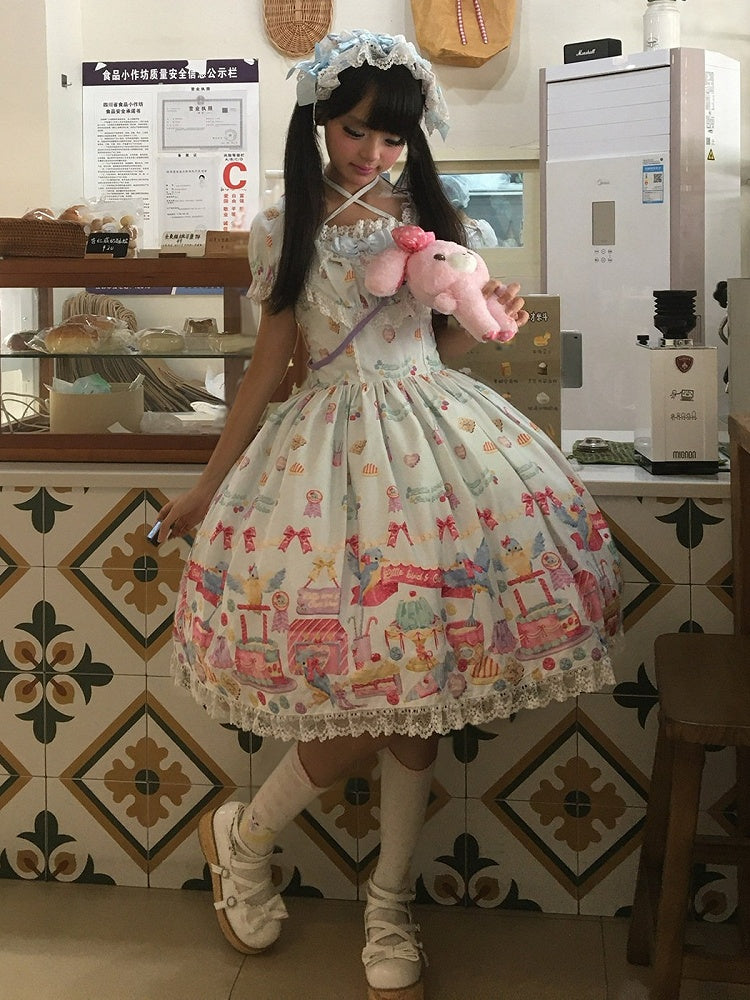 Blue Halter Lolita OP Full Set with Dessert and Bird Print, Hairband, Baby Hat, Wrist Cuffs and Bow Hair Clip - Good Night Meow