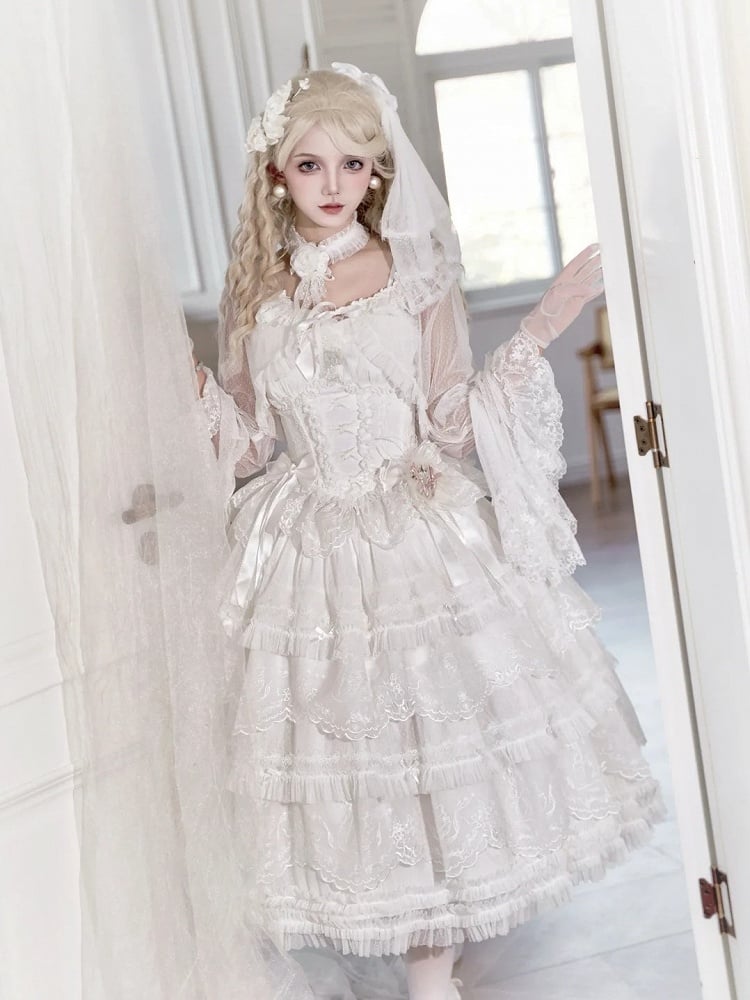 Skirt Scallop Embroidered Trim Ruffles Elegant White Lolita Classic Tiered