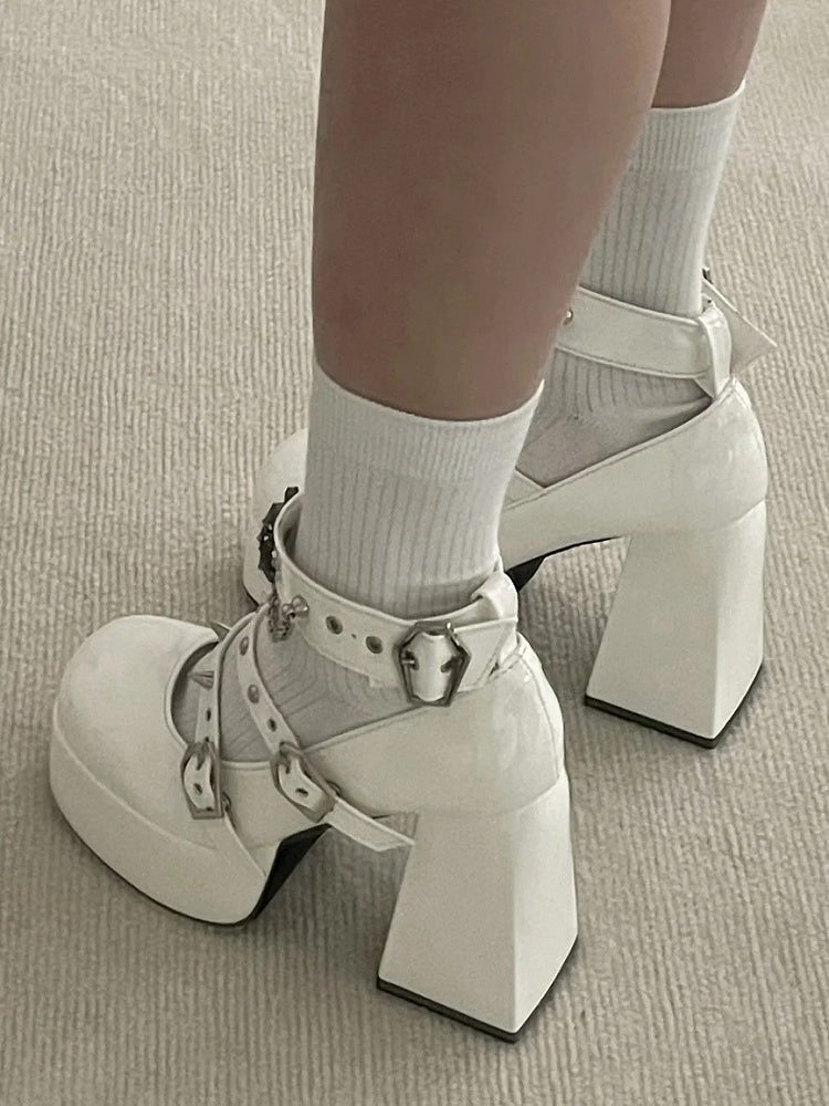 Block Goth White - Studs Style Details PU Leather in High Heels