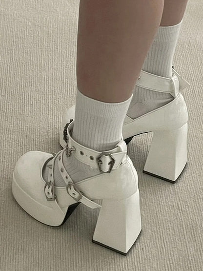 Block Goth White - Studs Style Details PU Leather in High Heels