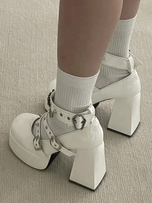 Block Goth White - Studs Style Details PU Leather in High Heels