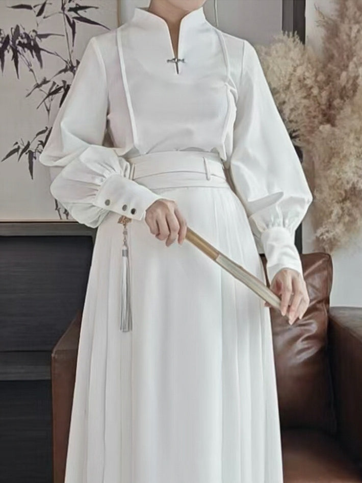 Balloon Mandarin White Chinese Sleeve Cuffs Button Style with Top Sleeves Collar - Snap Long