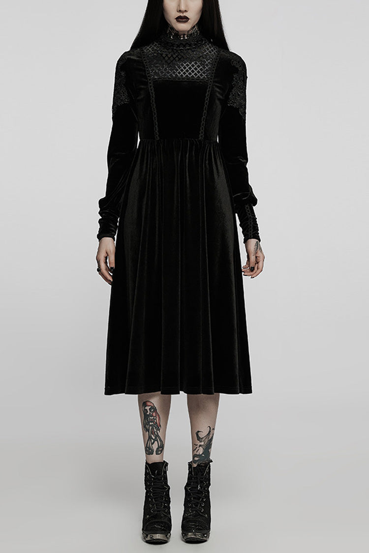 Black Long Sleeves Invisible Zipper High-Waisted Hollow Stitching Gothic Dress