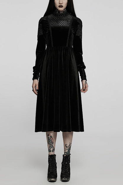 Black Long Sleeves Invisible Zipper High-Waisted Hollow Stitching Gothic Dress