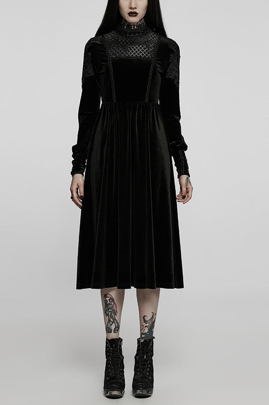 Black Long Sleeves Invisible Zipper High-Waisted Hollow Stitching Gothic Dress