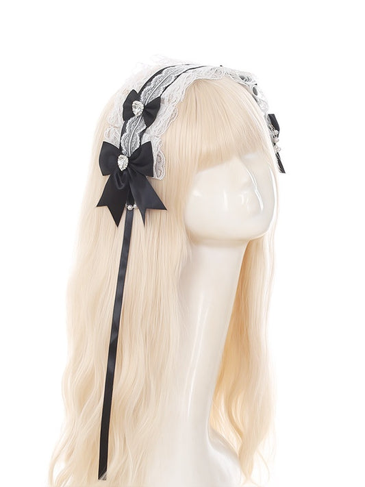 Rhinestone Lace Bow Hairband White Black and