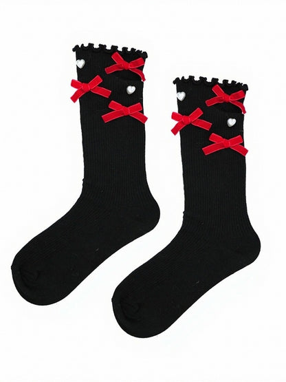 Black and Red Bowknot Ankle Socks with Ruffle Trim - ModaSwings