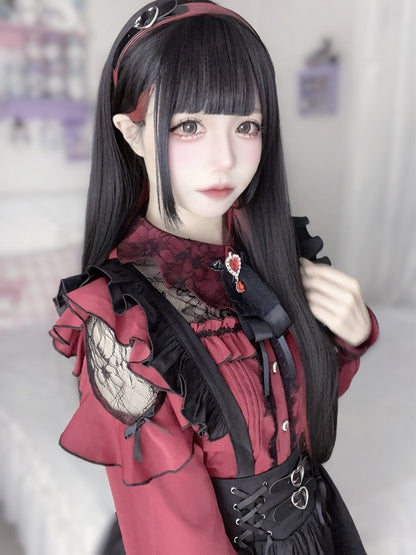 ジライケイ ワインレッド コウモリの羽根型襟 レースパッチ 地雷風シャツ