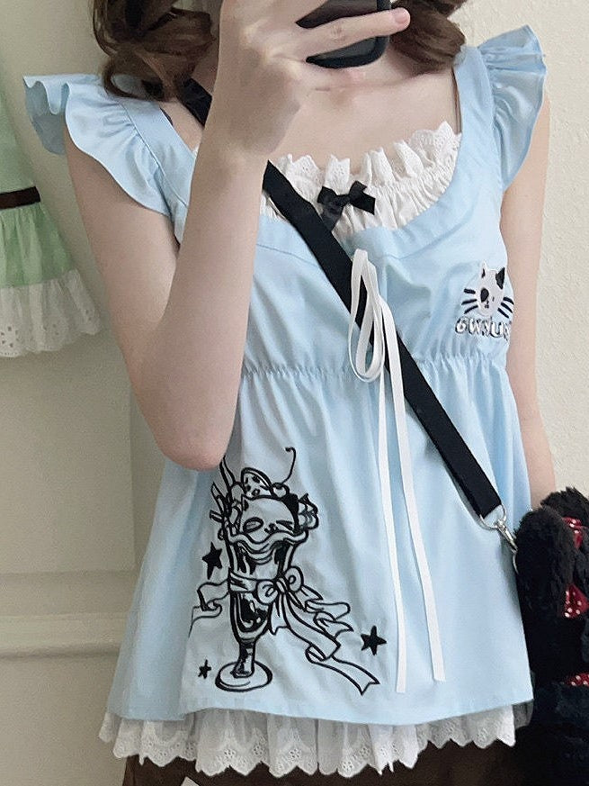 Daily Blue Two-piece with Kawaii Trim Sleeves T-shirt Lace Flutter