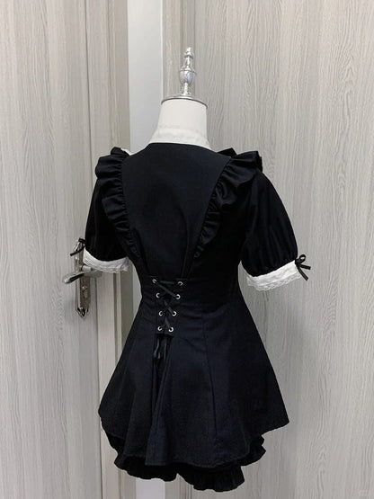 Short Big Jirai Kei Black Detachable Set Sleeves Mini and Jabot Collar Bow Dress+Shorts