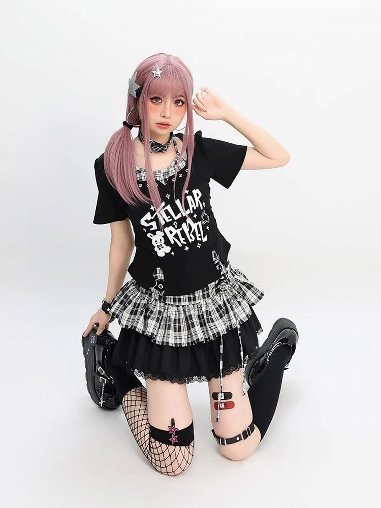 Y2K T-Shirt mit schwarzem Print, rosa/schwarz, zweiteilig, weißer Hase
