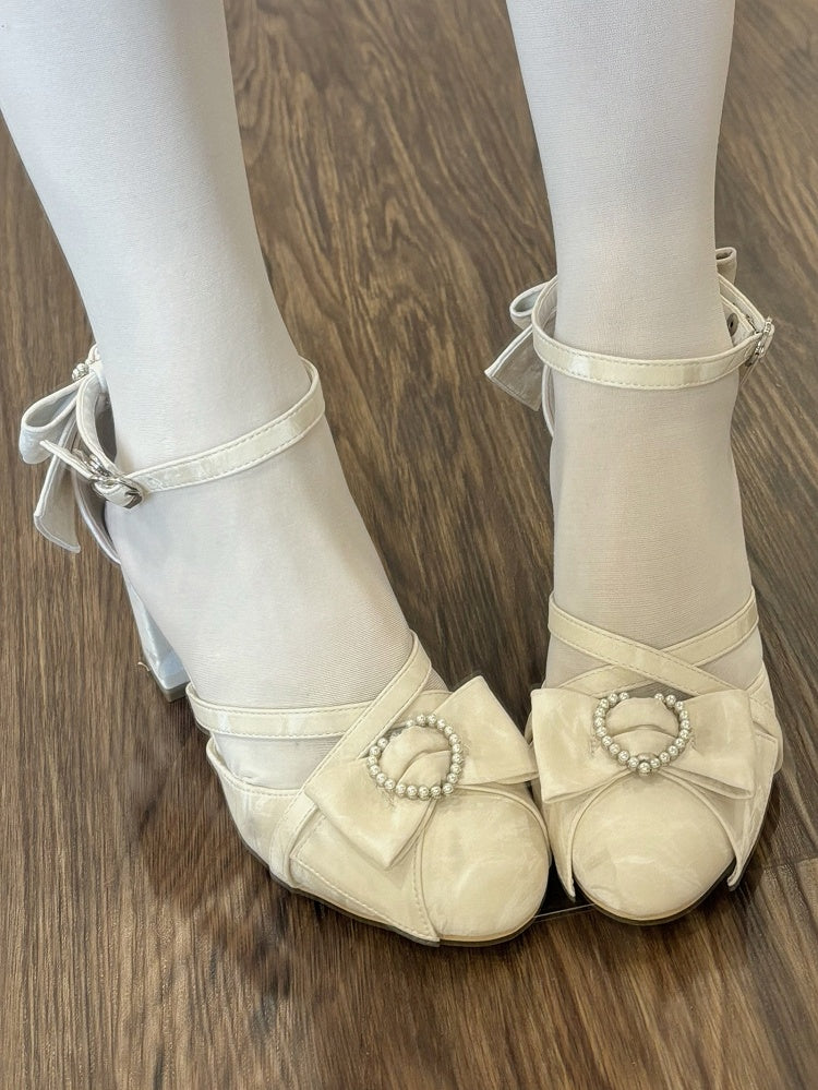 Style in mit PU-Schleifen Heels Beige Herz Lolita Leder Block High Beaded