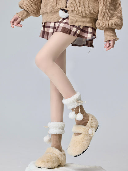 Lolita Fleece Cuff Knitted Socks With Pompons