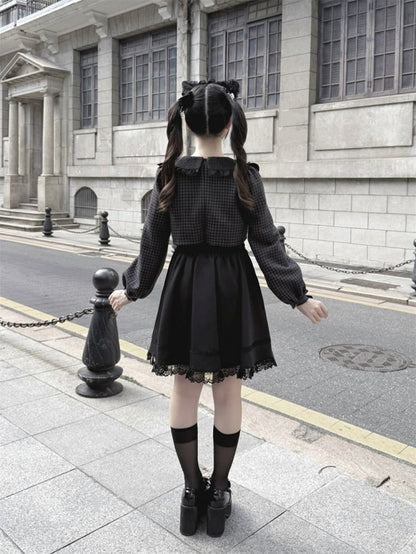 Black with Jirai Dress Square Houndstooth Waist Two-Piece Design Sleeve Buckles Long Faux and Kei