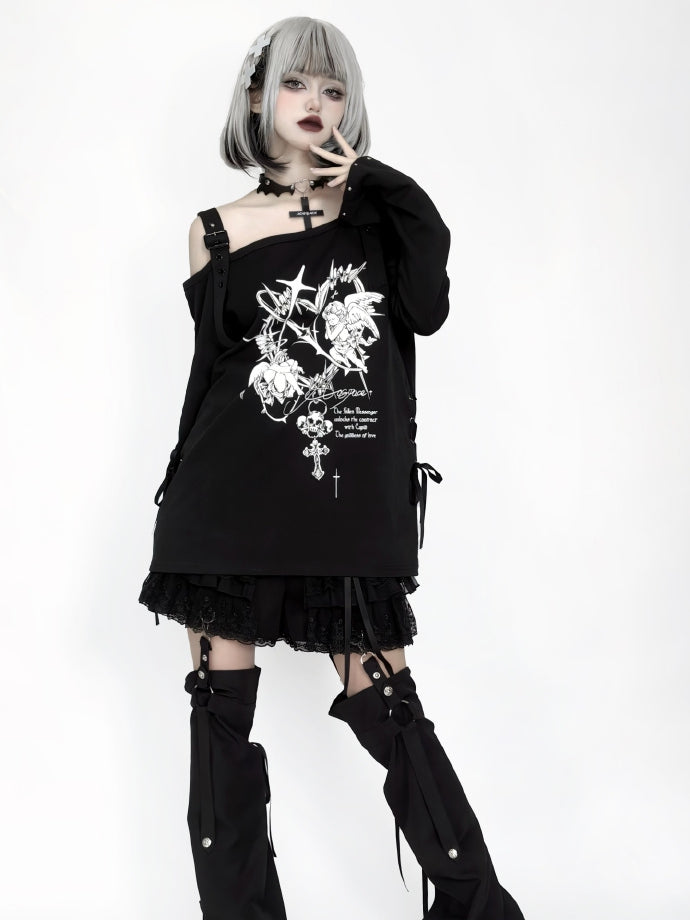 Studded Print Angel with Top Off-Shoulder Black Sleeves