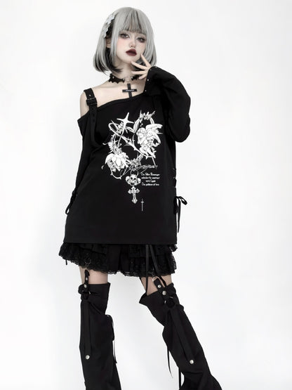 Studded Print Angel with Top Off-Shoulder Black Sleeves