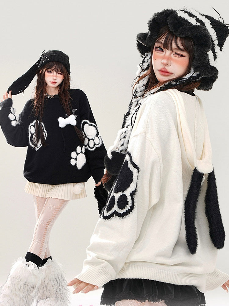 Black/White Cute Paw Appliques Puppy Ears Hoodie