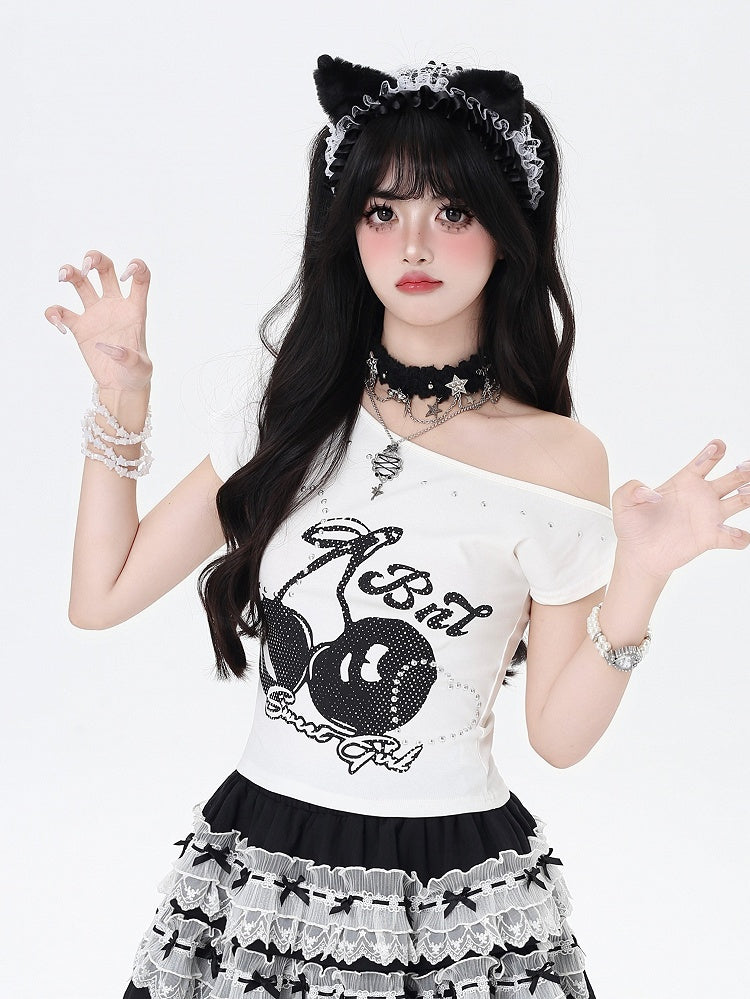 ハート ブラック/ホワイト Tシャツ アシンメトリーネックライン チェリープリント スタッズ