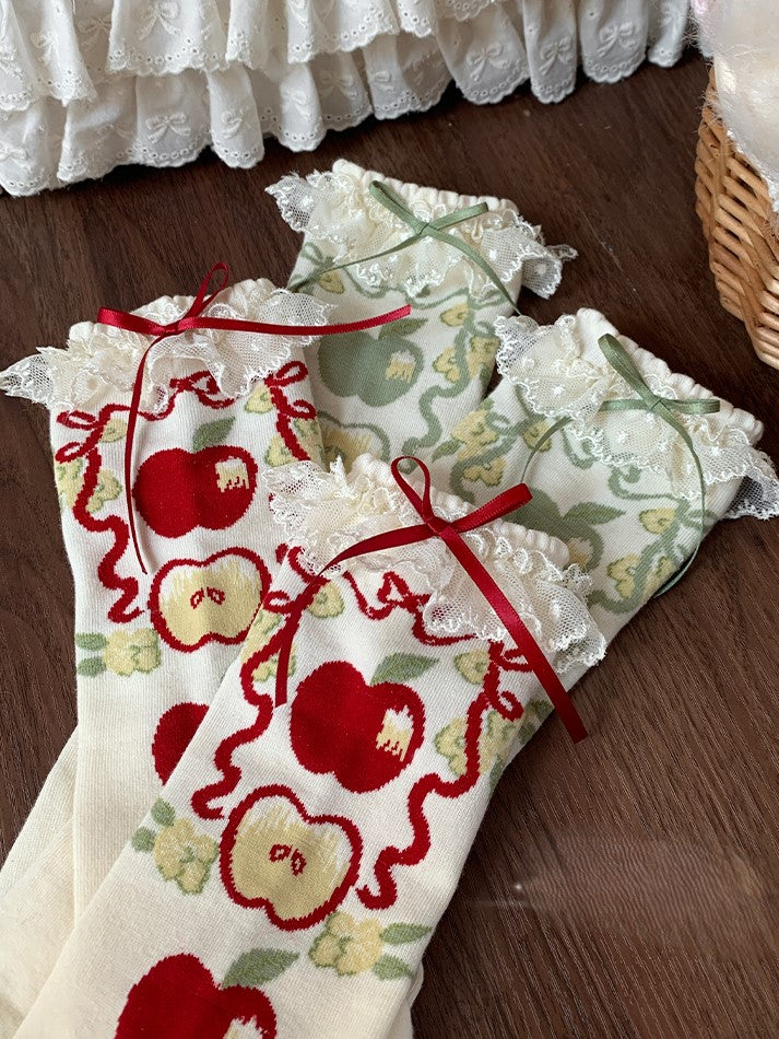 Green/Red Lace Apple Lolita Print Calf Sweet Trim Socks