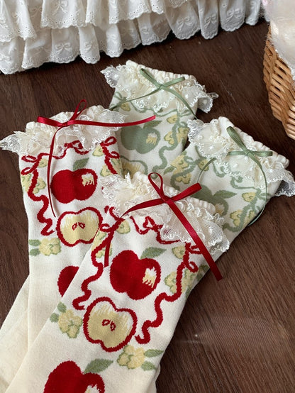 Green/Red Lace Apple Lolita Print Calf Sweet Trim Socks