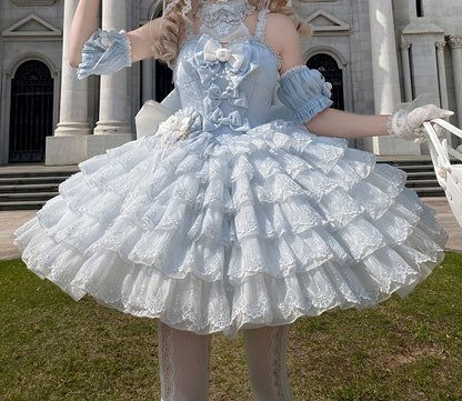 Princess Neck Hem Ruffle Halter Balletcore Lolita Layered Dress Blue with